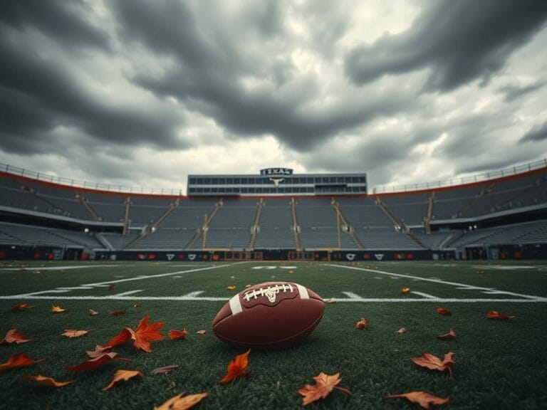 Flick International A dramatic football field scene with an empty Texas Longhorns sideline and a football resting on the turf.