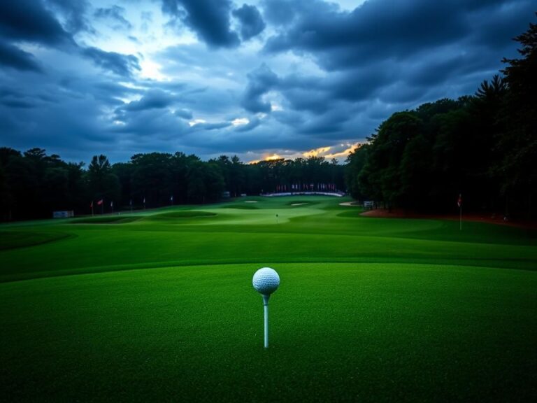 Flick International Dramatic landscape of Bethpage Black golf course under a moody evening sky with vibrant green tee and a golf ball.