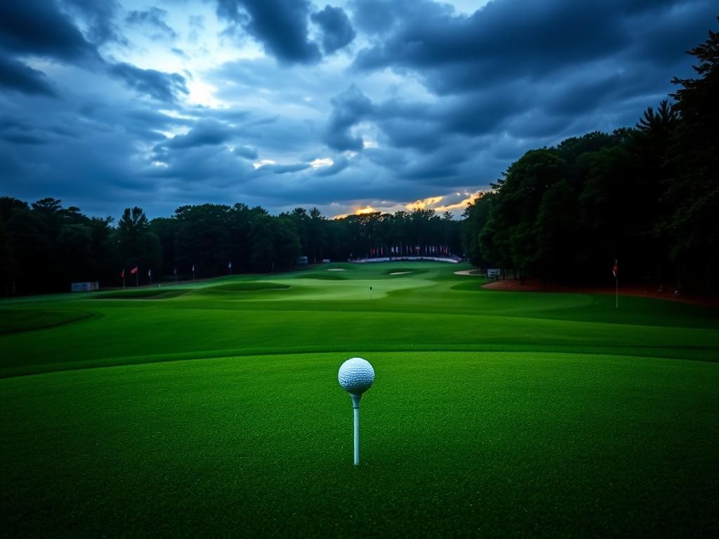 Flick International Dramatic landscape of Bethpage Black golf course under a moody evening sky with vibrant green tee and a golf ball.