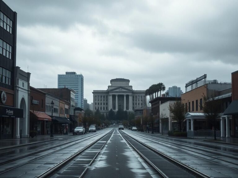 Flick International A deserted street in Portland, Oregon, under a moody, overcast sky, showcasing urban tension and uncertainty.