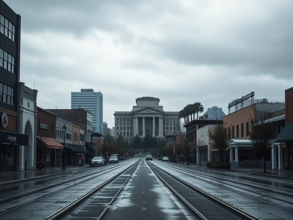 Flick International A deserted street in Portland, Oregon, under a moody, overcast sky, showcasing urban tension and uncertainty.