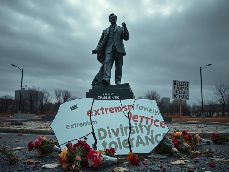 Flick International Crumbling statue of Charlie Kirk surrounded by wilted flowers and faded protest signs in a desolate urban landscape