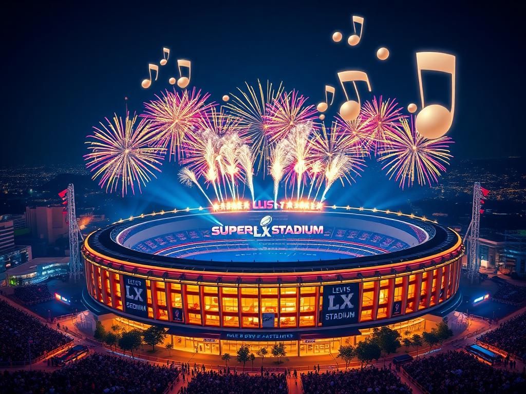 Flick International Aerial view of Levi’s Stadium with fireworks celebrating Super Bowl LX