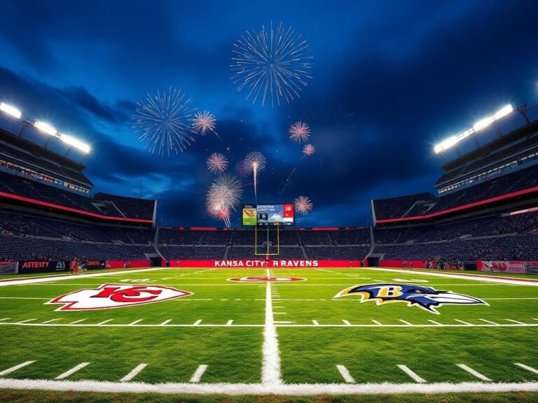 Flick International American football stadium illuminated at night with yard lines and team logos visible