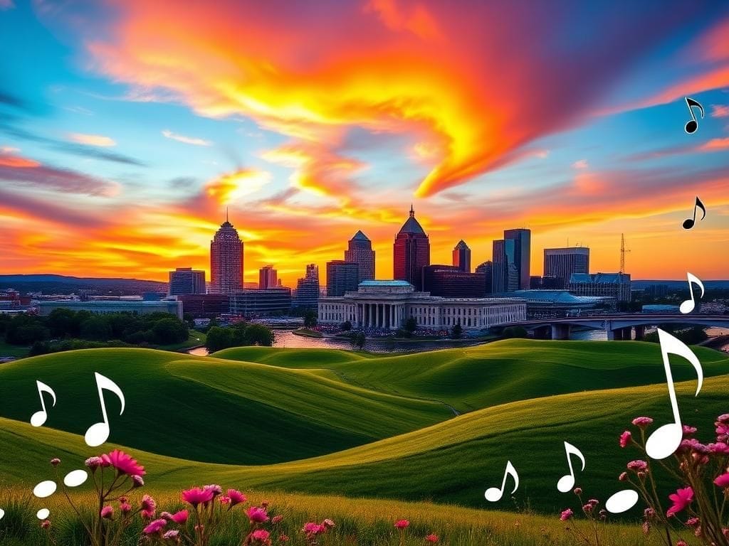 Flick International Vibrant Nashville skyline at sunset with iconic landmarks and colorful clouds