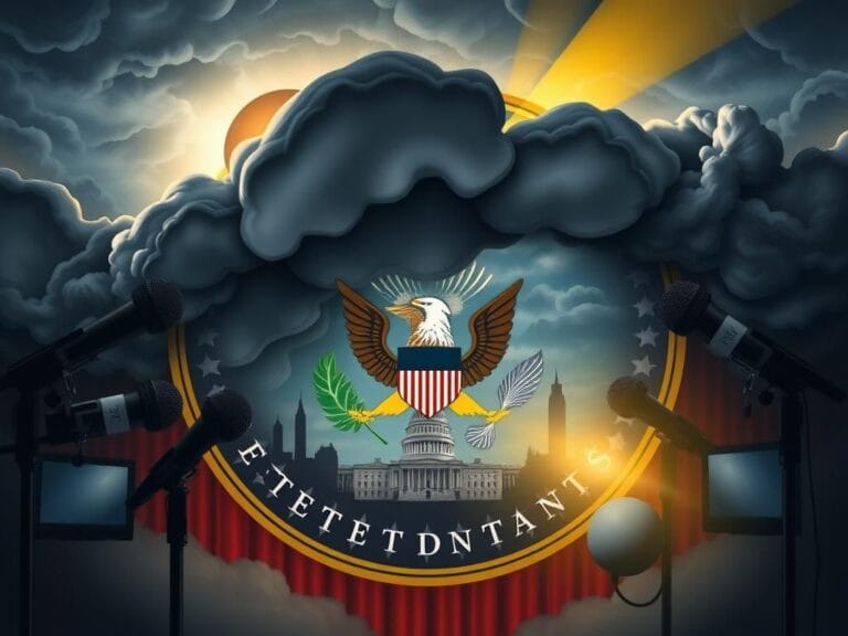 Flick International Abstract representation of a presidential seal amidst political tension