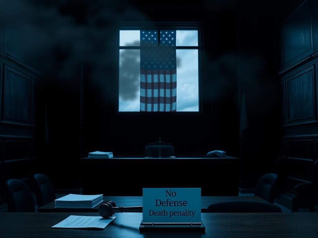 Flick International Dark and moody courtroom scene with empty defense table and legal documents