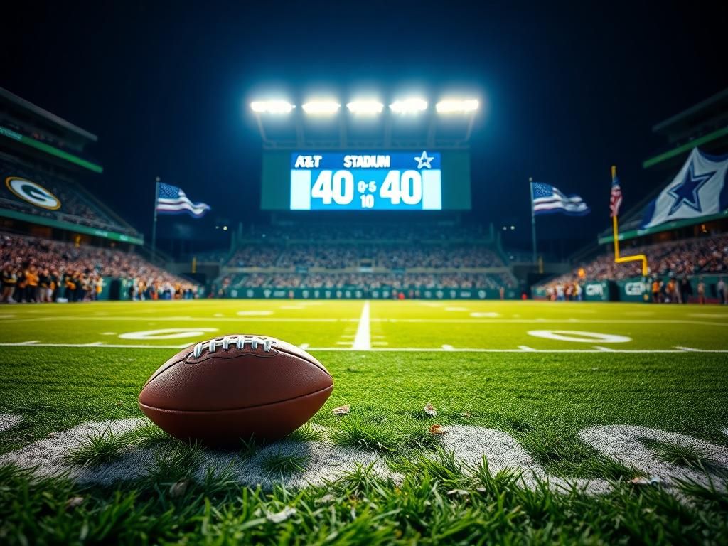 Flick International Close-up of a football on the grass at AT&T Stadium during a Packers vs Cowboys game