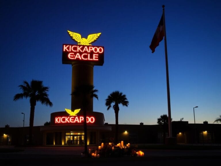 Flick International Memorial flowers and candles at the entrance of Kickapoo Lucky Eagle Casino in Eagle Pass, Texas