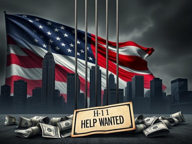 Flick International Towering U.S. flag with corporate skyline in the background symbolizing American workers' struggle