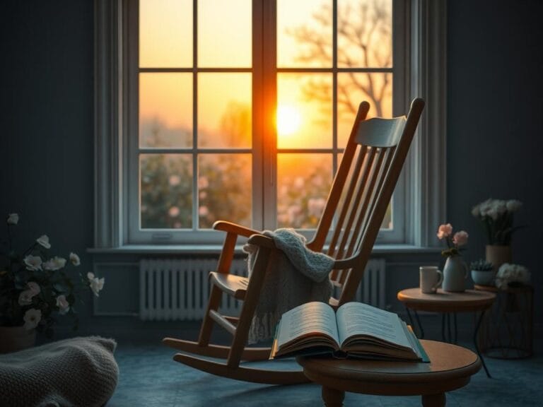 Flick International Cozy rocking chair by a window overlooking a blooming garden at sunset