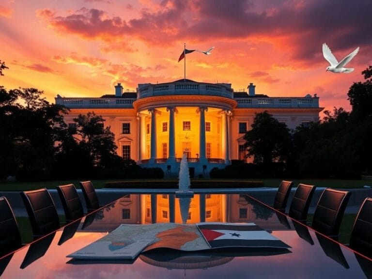 Flick International The White House facade illuminated at sunset, symbolizing hope and diplomacy for Gaza talks