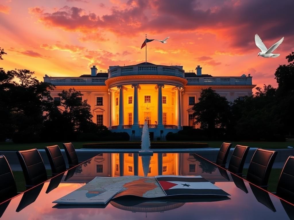 Flick International The White House facade illuminated at sunset, symbolizing hope and diplomacy for Gaza talks