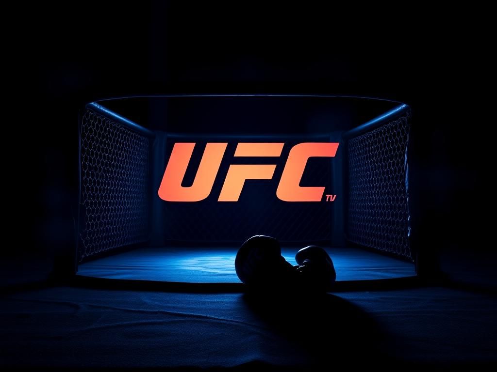 Flick International Dimly lit octagon cage with UFC logo and boxing gloves