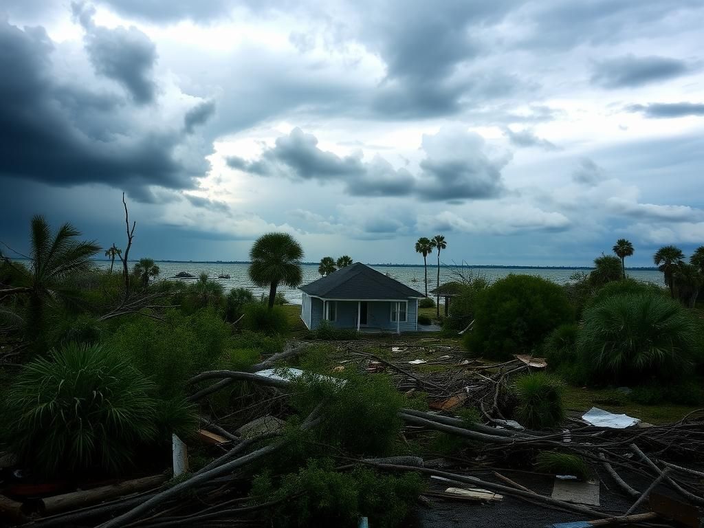 Flick International Dramatic landscape of hurricane aftermath depicting fallen trees and debris