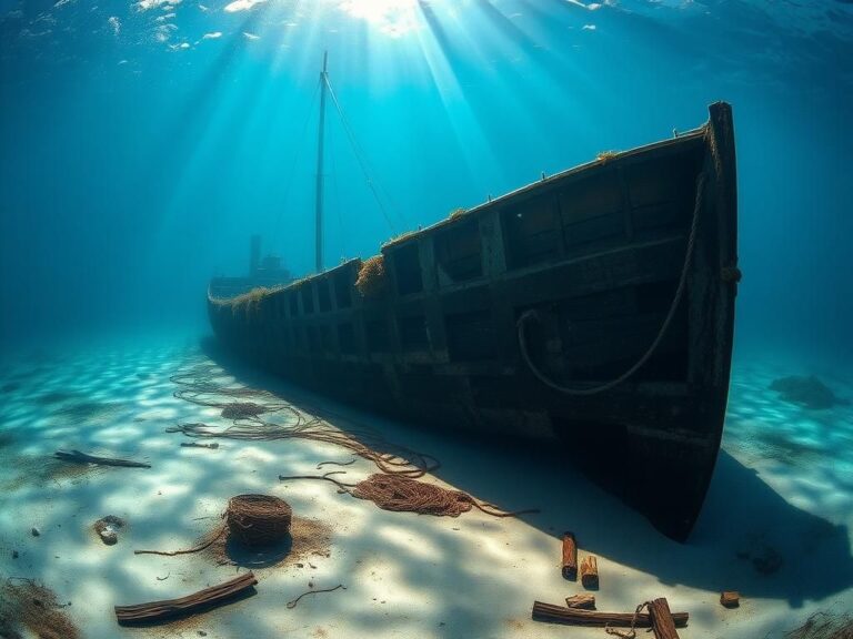Flick International Underwater wreck of the F.J. King, a ghost ship from 1886, lying on Lake Michigan's sandy floor.