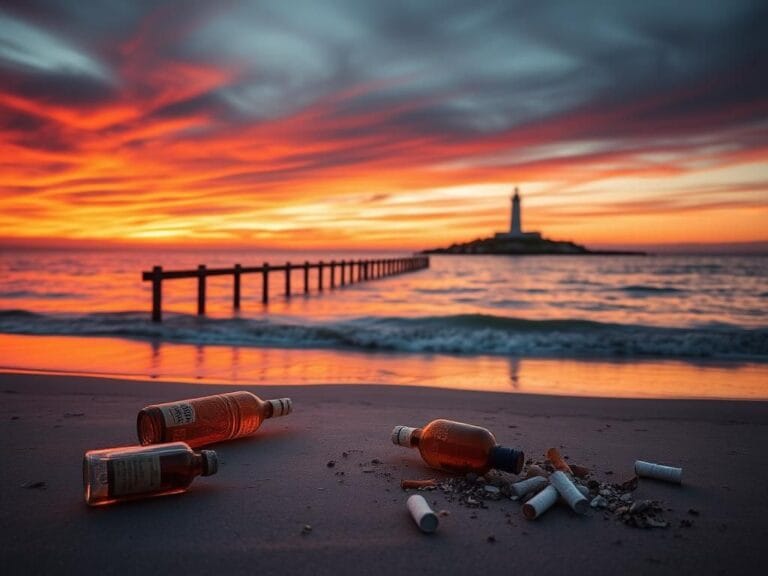 Flick International Serene beach at dusk featuring a wooden pier and symbols of addiction recovery