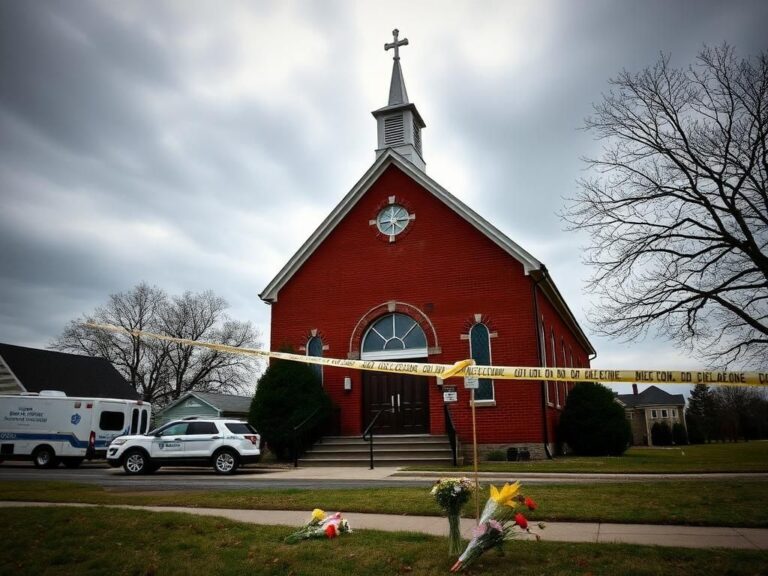 Flick International Exterior view of a Michigan church with police tape and memorial flowers after an attack