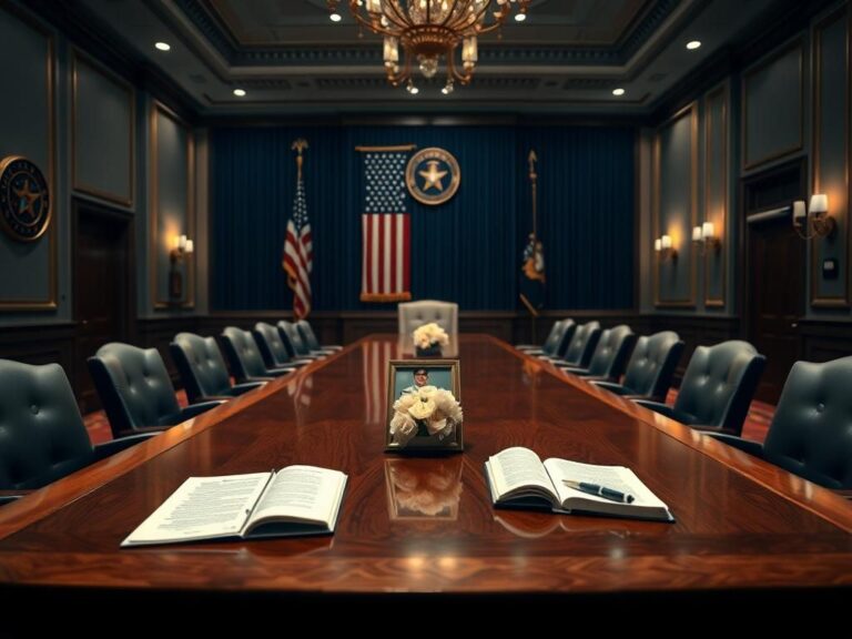 Flick International A grand conference room with a long wooden table, symbolizing the voices of Gold Star families.