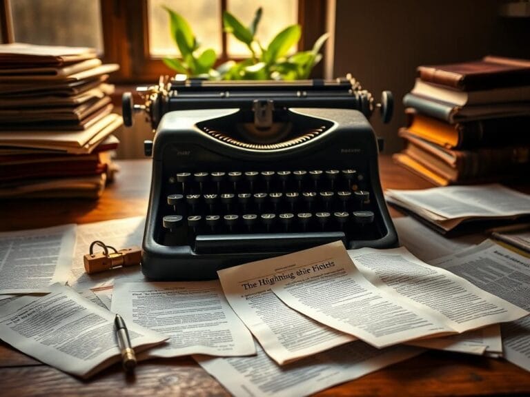 Flick International Close-up of a vintage typewriter surrounded by editorial materials, symbolizing the editorial process at the Washington Post.