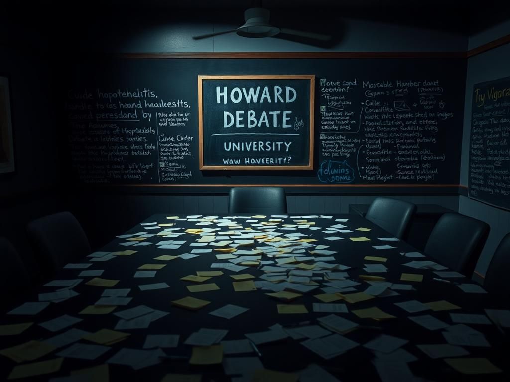 Flick International Dimly lit debate prep room with notecards and pens