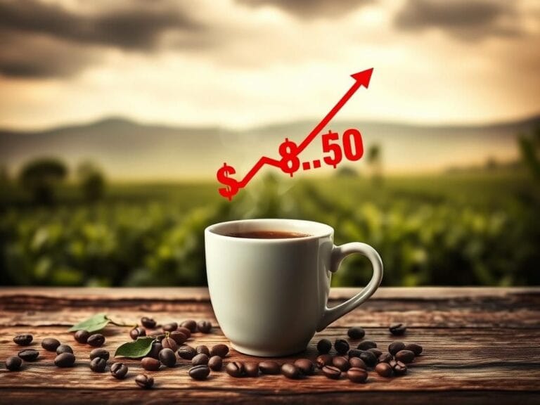 Flick International A steaming cup of coffee on a rustic wooden table surrounded by coffee beans and green coffee leaves.