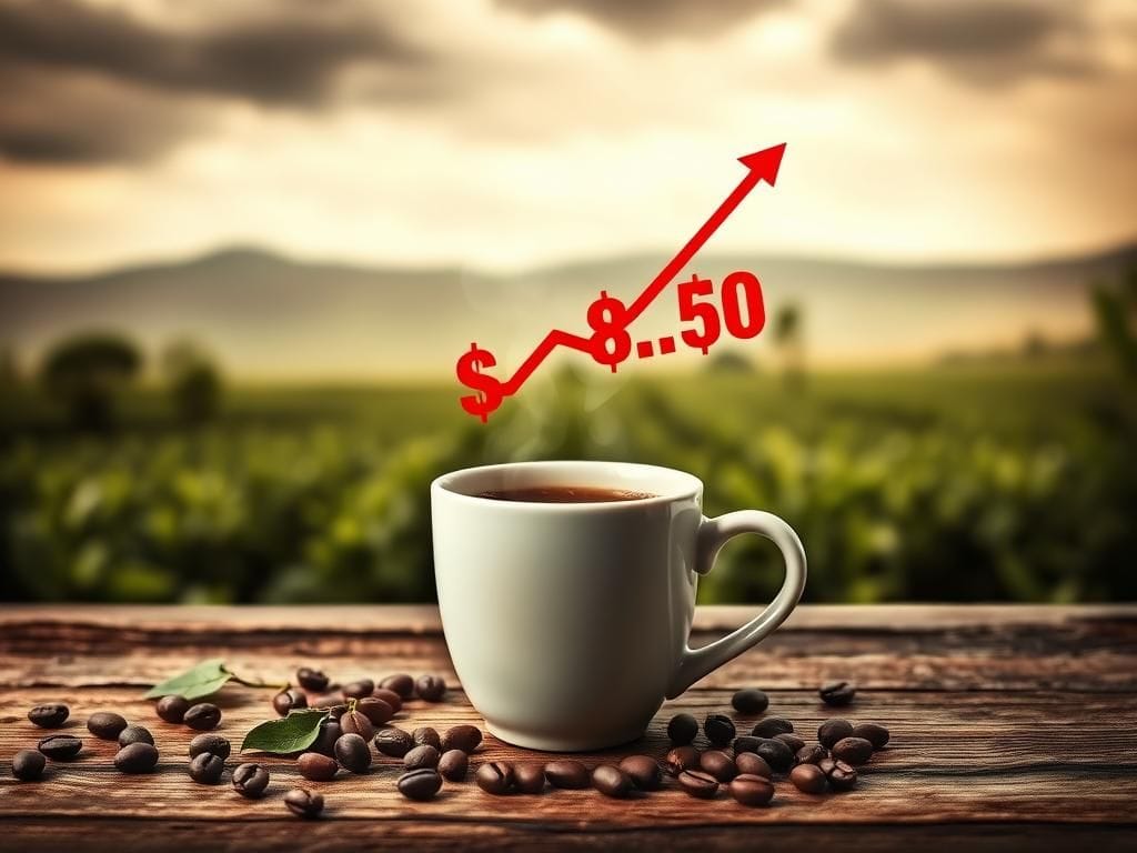 Flick International A steaming cup of coffee on a rustic wooden table surrounded by coffee beans and green coffee leaves.