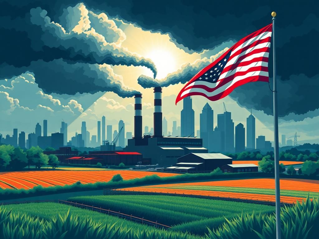 Flick International Illustration of American manufacturing revitalization with factory and farmland