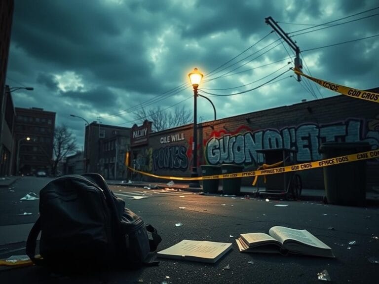 Flick International A deserted New York City street after a gunfight, with empty school backpacks and scattered textbooks.