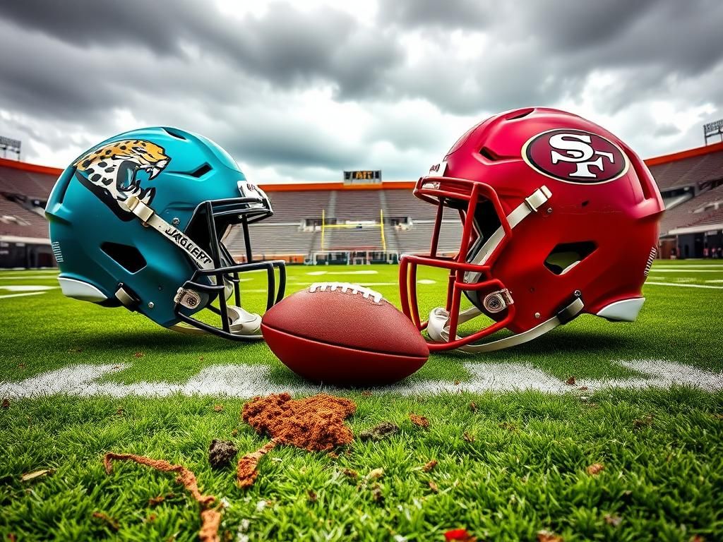 Flick International Jaguars and 49ers helmets on a football field postgame