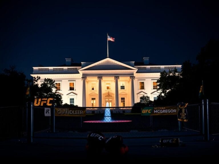 Flick International A dramatic view of the White House at night with a UFC octagon