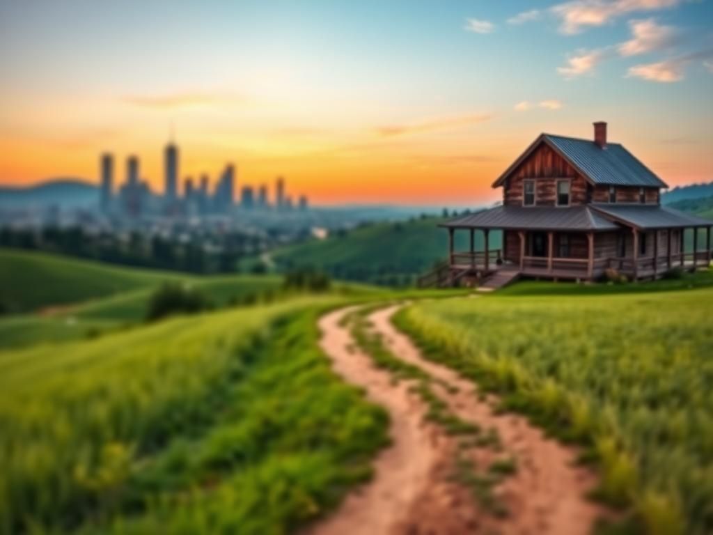 Flick International A tranquil landscape contrasting the urban skyline of Los Angeles with the serene countryside of Tennessee.