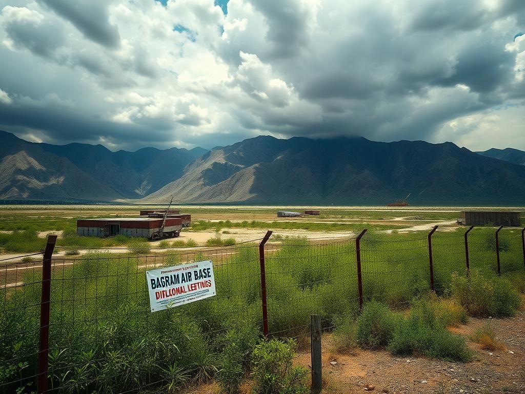 Flick International A wide-angle view of the abandoned Bagram Air Base surrounded by rugged mountains and overgrown vegetation.