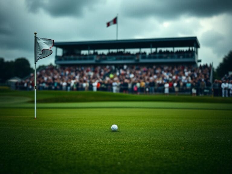 Flick International A serene putting green at the Ryder Cup with a blurred grandstand in the background