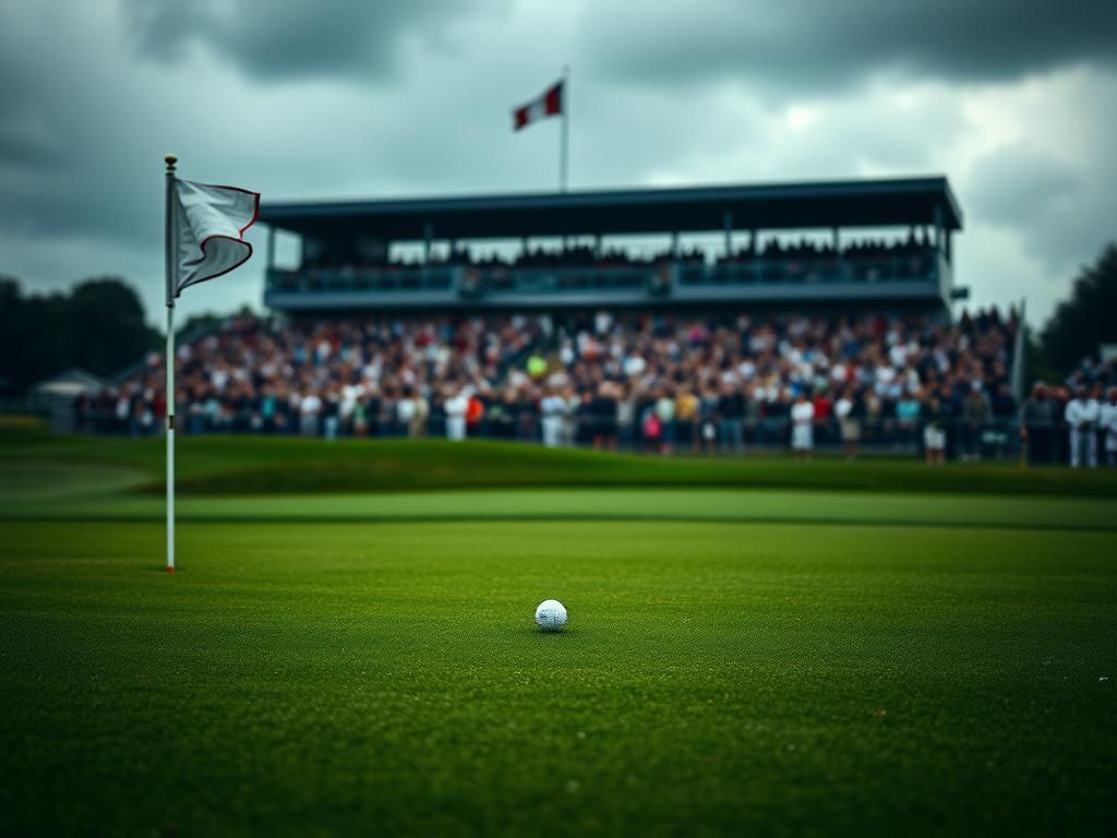 Flick International A serene putting green at the Ryder Cup with a blurred grandstand in the background
