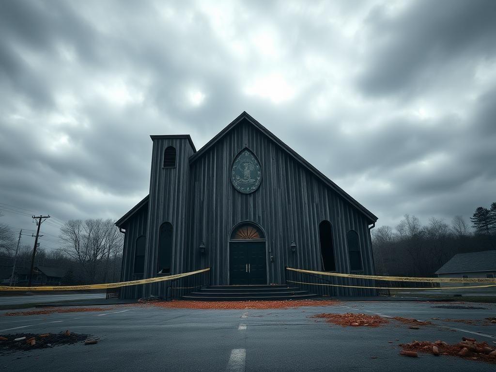 Flick International Exterior view of a modern church building showing damage from a shooting incident