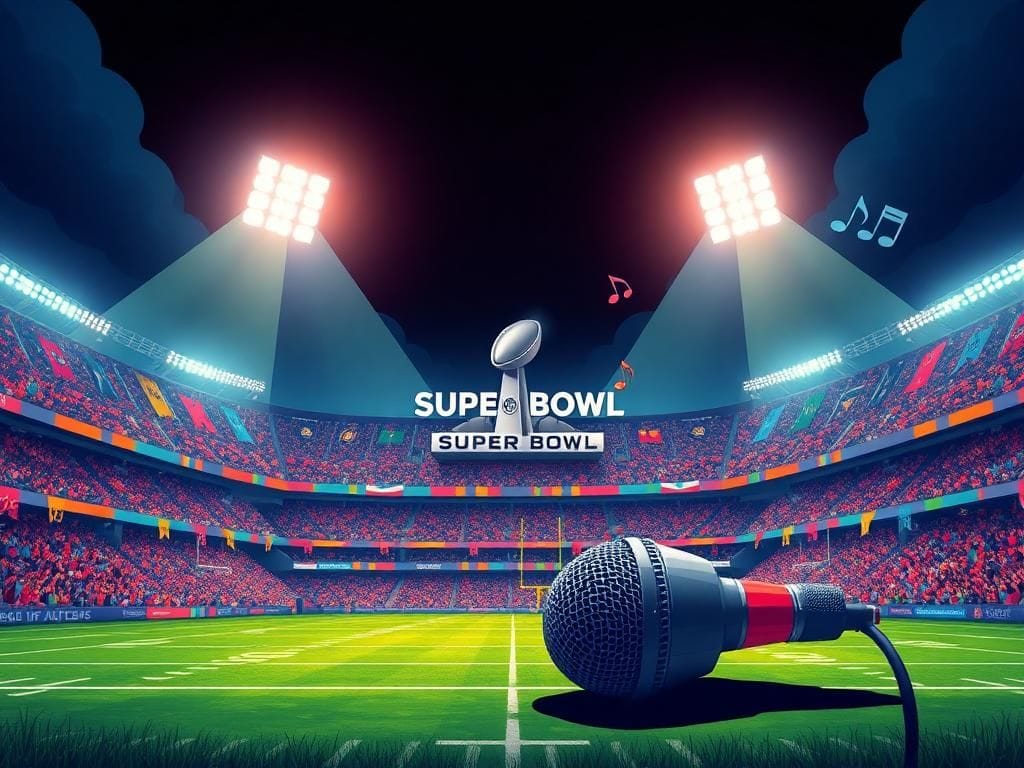 Flick International A vibrant football stadium scene highlighting Super Bowl LX with Bad Bunny's influence and themes of celebration and controversy.