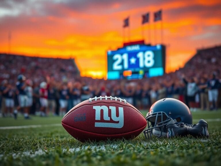 Flick International A New York Giants football resting on turf with a scoreboard in the background during a thrilling game