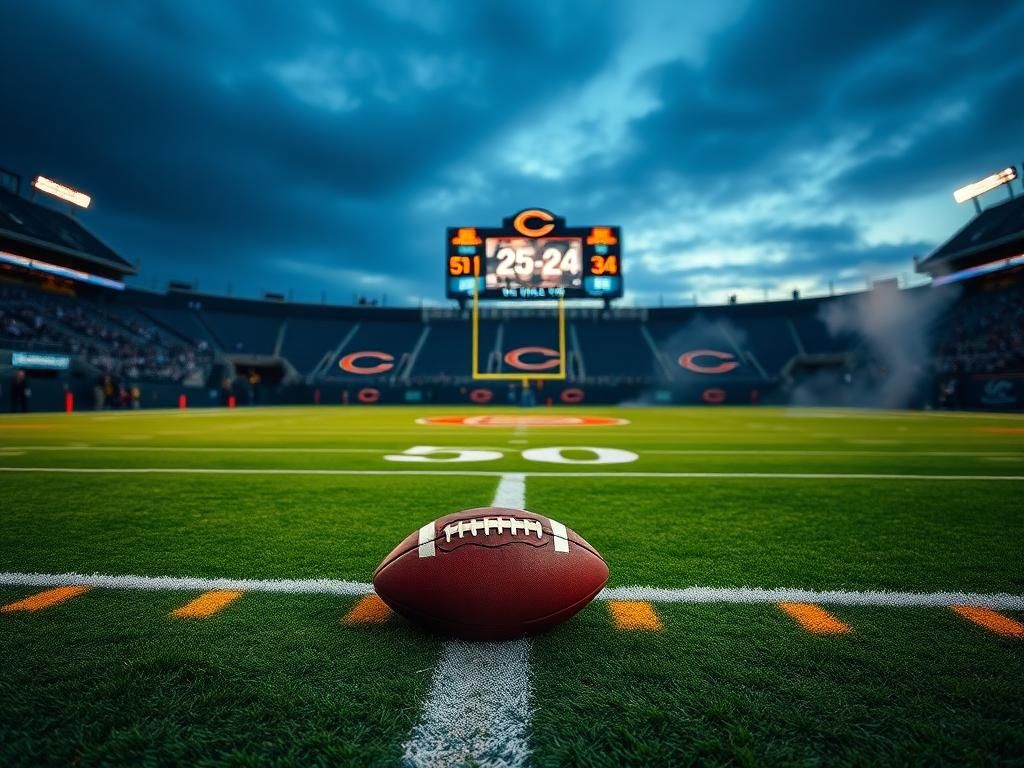 Flick International Dramatic football field scene during an evening game with Chicago Bears logo in the end zone
