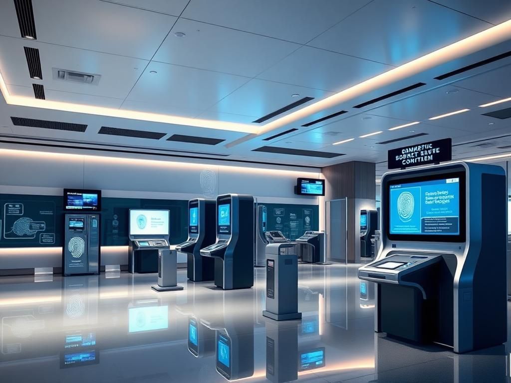 Flick International Futuristic airport border control area with biometric scanners and self-service kiosks