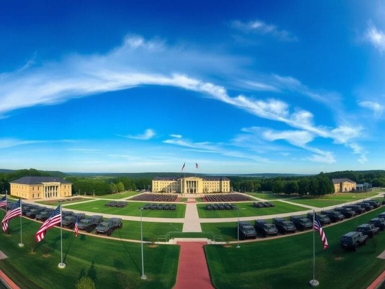 Flick International Panoramic view of Quantico Marine Corps base with military structures and vehicles