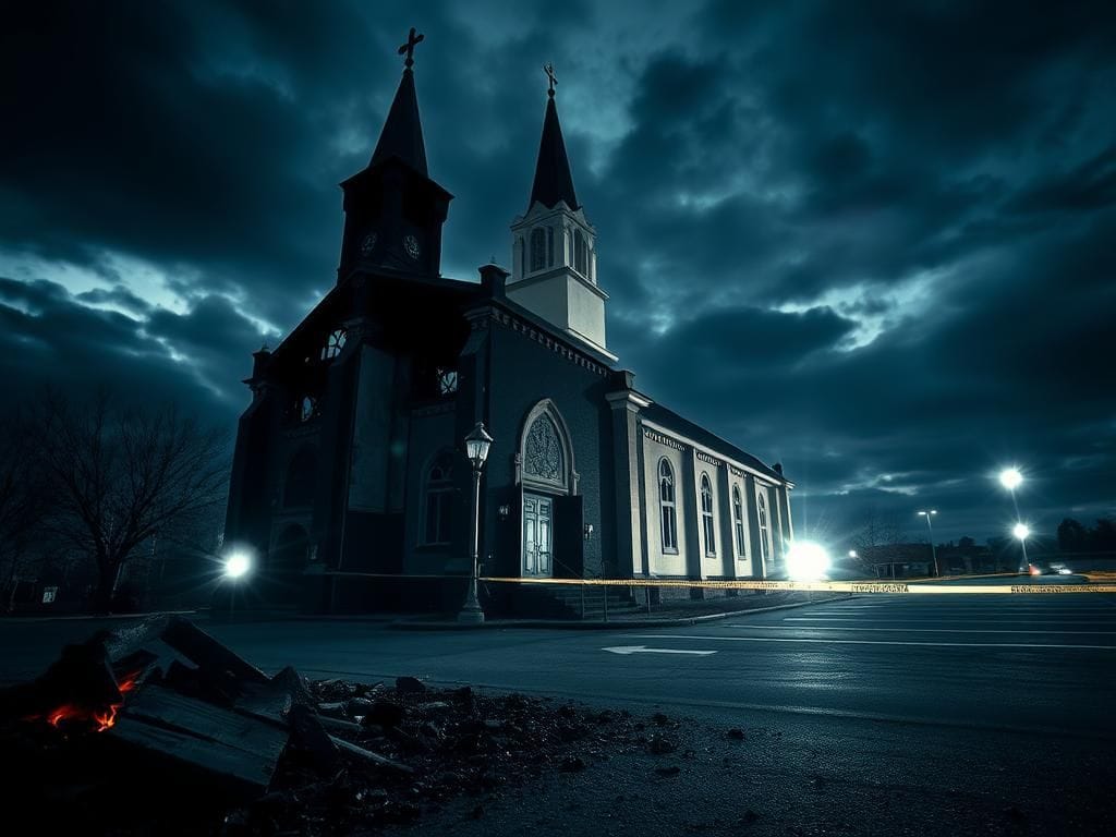 Flick International A somber view of a damaged church with fire damage and shattered windows, representing the aftermath of violence against faith communities.