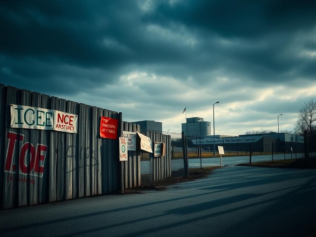 Flick International Empty protest area outside a government facility in Broadview, Illinois, featuring anti-ICE signs and a looming Border Patrol silhouette.