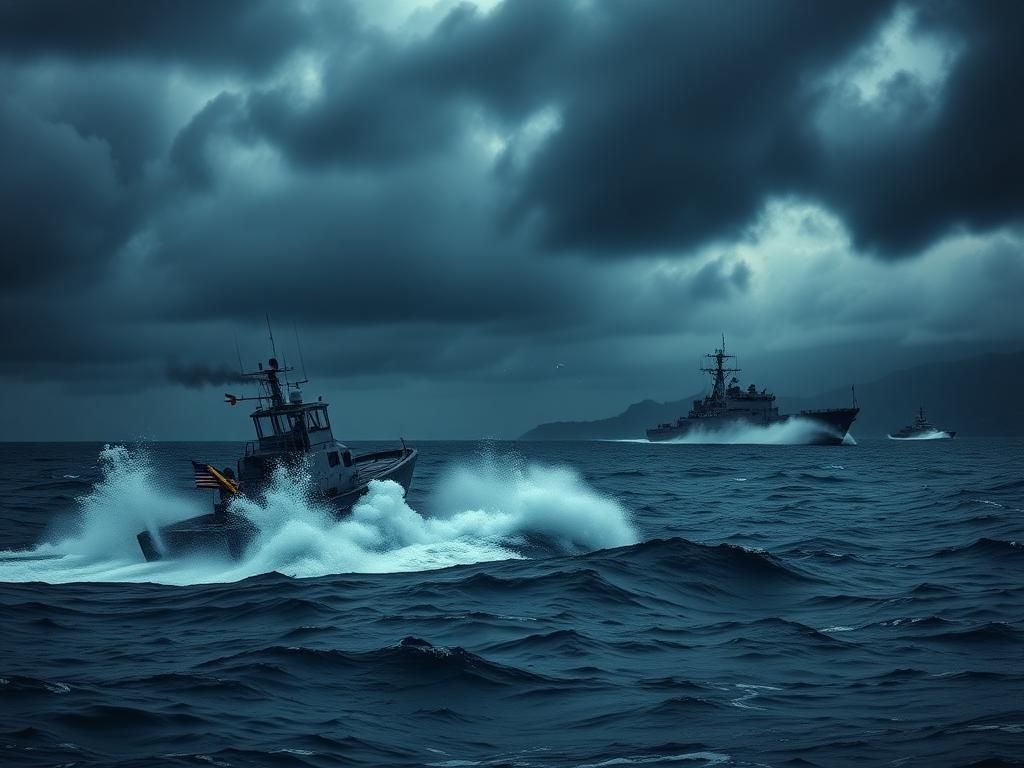 Flick International U.S. Marine vessel engaged in a patrol off the coast of Venezuela amid turbulent waters and ominous skies