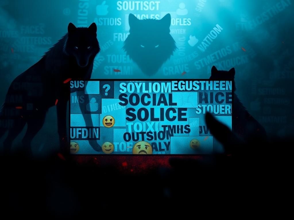 Flick International Abstract depiction of a dark and fragmented digital landscape influenced by social media