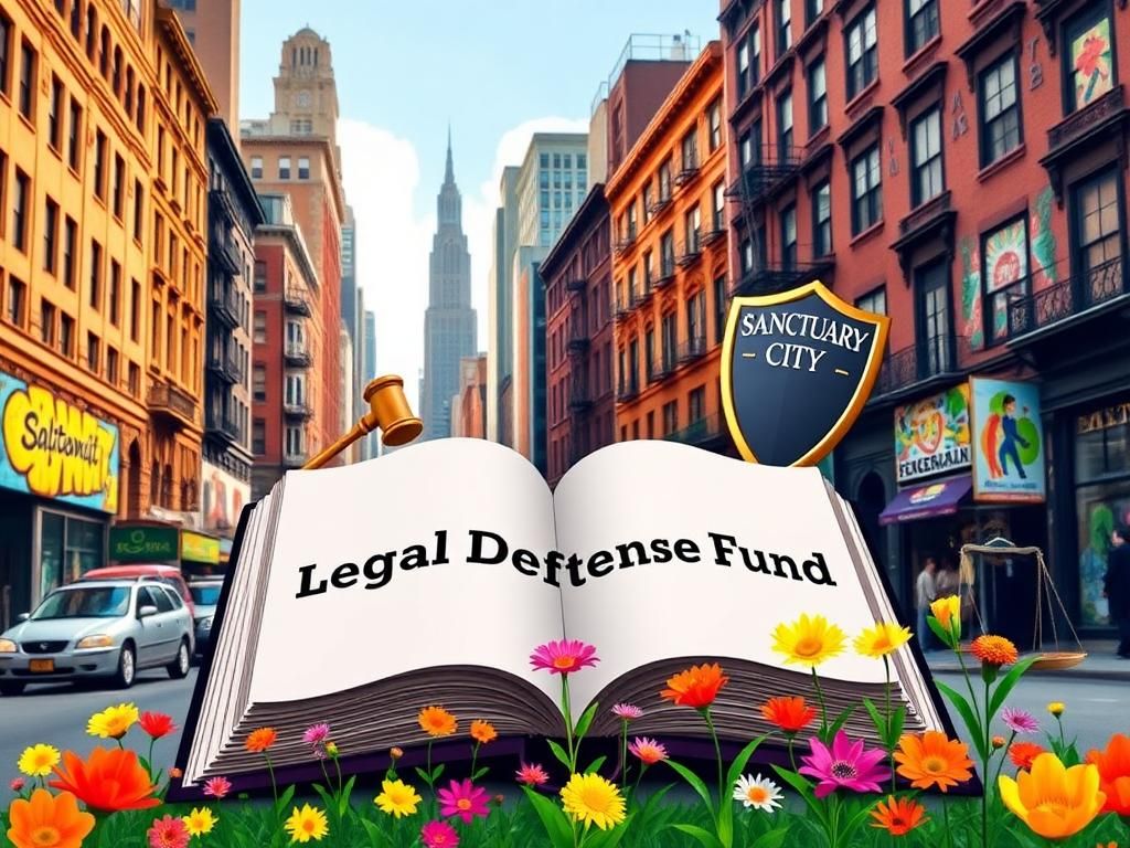 Flick International A vibrant New York City street scene depicting diversity and resilience with a large open book labeled 'Legal Defense Fund.'