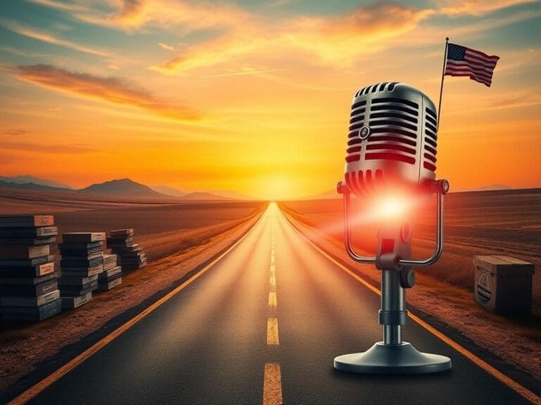 Flick International Abstract landscape symbolizing legacy with an open road and audio tapes