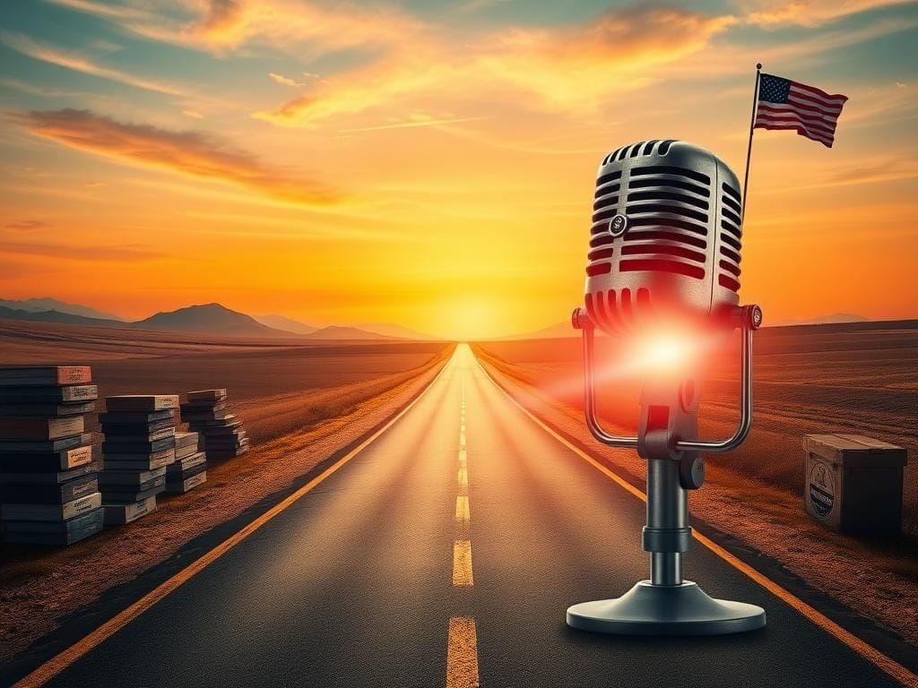 Flick International Abstract landscape symbolizing legacy with an open road and audio tapes