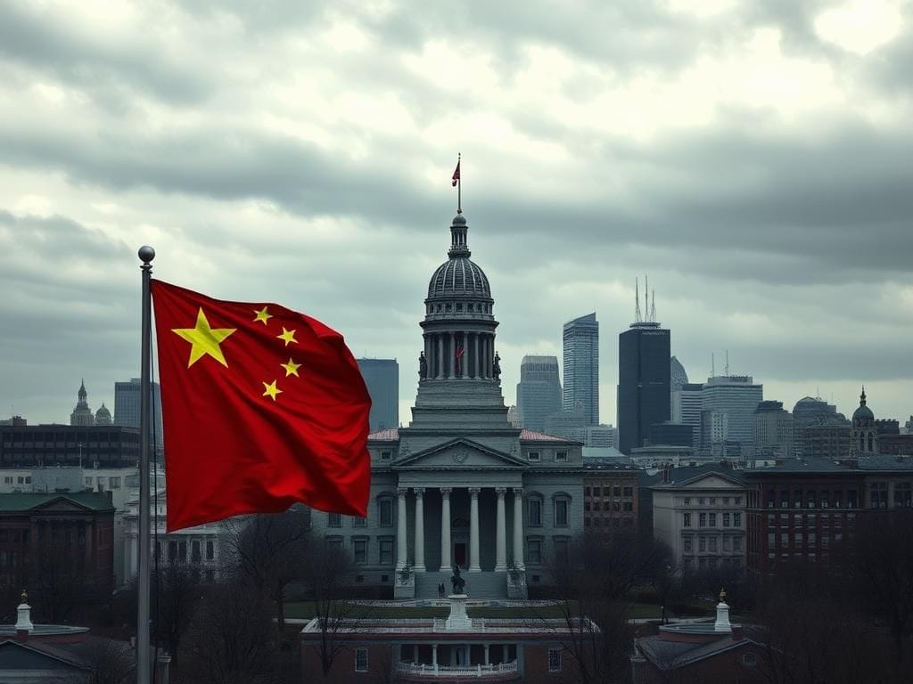 Flick International Somber depiction of the Philadelphia skyline with City Hall, showcasing the planned raising of the tattered Chinese Communist Party flag.