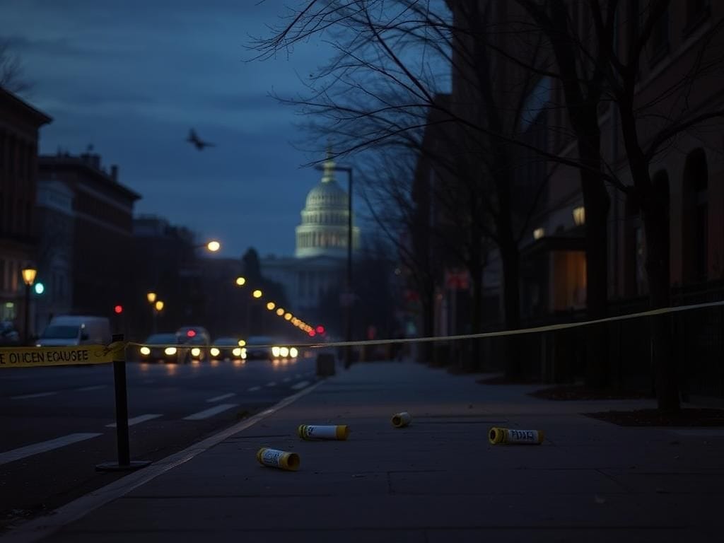 Flick International Urban street scene with police barricade in Washington, D.C. at dusk